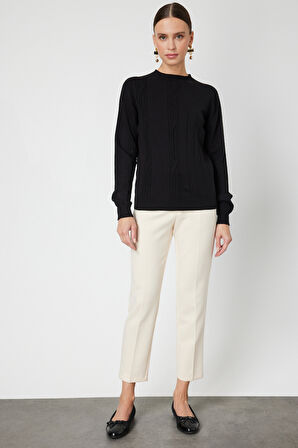 On Kadın Örgülü Sıfır Yaka Triko Kazak 69313 Siyah