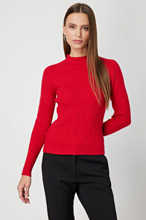 On Kadın Sıfır Yaka Örgü Desenli Triko Kazak 69314 Kırmızı