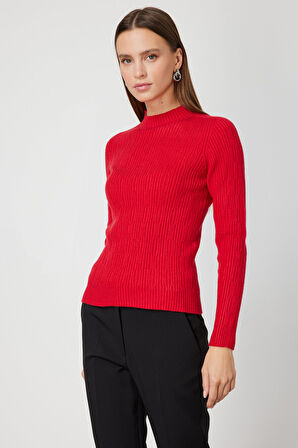 On Kadın Sıfır Yaka Örgü Desenli Triko Kazak 69314 Kırmızı