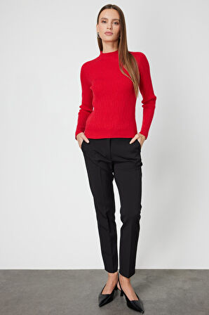 On Kadın Sıfır Yaka Örgü Desenli Triko Kazak 69314 Kırmızı