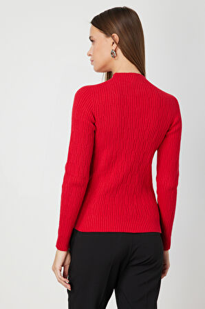 On Kadın Sıfır Yaka Örgü Desenli Triko Kazak 69314 Kırmızı