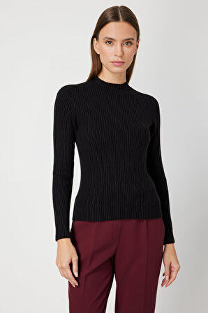 On Kadın Sıfır Yaka Örgü Desenli Triko Kazak 69314 Siyah