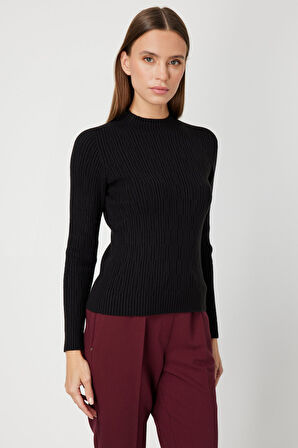 On Kadın Sıfır Yaka Örgü Desenli Triko Kazak 69314 Siyah