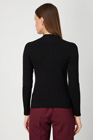 On Kadın Sıfır Yaka Örgü Desenli Triko Kazak 69314 Siyah