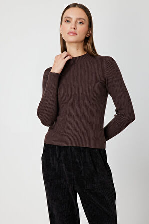 On Kadın Sıfır Yaka Örgü Desenli Triko Kazak 69314 Kahverengi