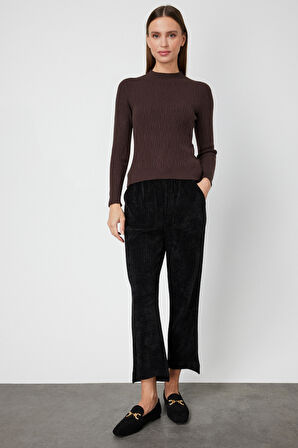 On Kadın Sıfır Yaka Örgü Desenli Triko Kazak 69314 Kahverengi