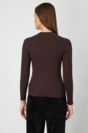 On Kadın Sıfır Yaka Örgü Desenli Triko Kazak 69314 Kahverengi