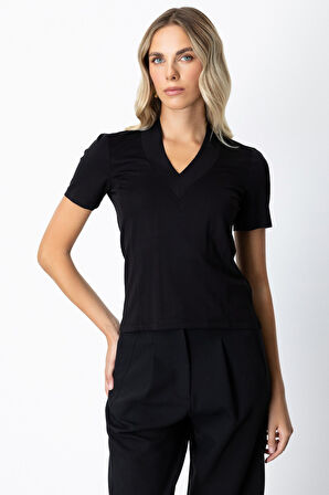 On Kadın V Yaka Dikişli Basic T-Shirt 61341 Siyah