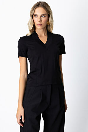 On Kadın V Yaka Dikişli Basic T-Shirt 61341 Siyah