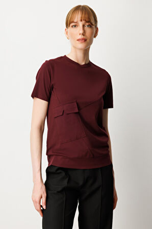 On Kadın Sıfır Yaka Cepli T-Shirt 61340 Bordo