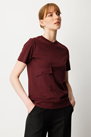 On Kadın Sıfır Yaka Cepli T-Shirt 61340 Bordo