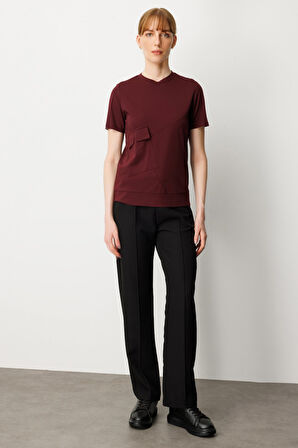 On Kadın Sıfır Yaka Cepli T-Shirt 61340 Bordo