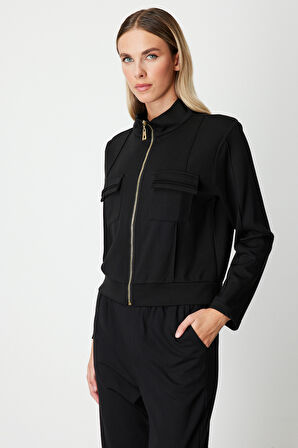 On Kadın Cep Detaylı Dik Yaka Eşofman Üstü 66509 Siyah