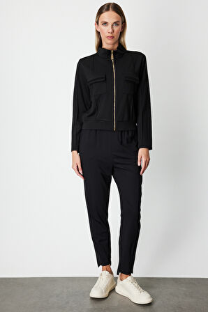 On Kadın Cep Detaylı Dik Yaka Eşofman Üstü 66509 Siyah