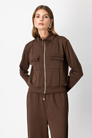 On Kadın Cep Detaylı Dik Yaka Eşofman Üstü 66509 Kahverengi