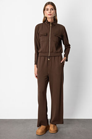 On Kadın Cep Detaylı Dik Yaka Eşofman Üstü 66509 Kahverengi