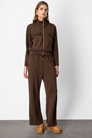 On Kadın Beli Lastikli Bol Paça Eşofman Altı 66510 Kahverengi