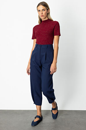 On Kadın Paçası Düğmeli Fleto Cepli Pantolon 64137 Lacivert