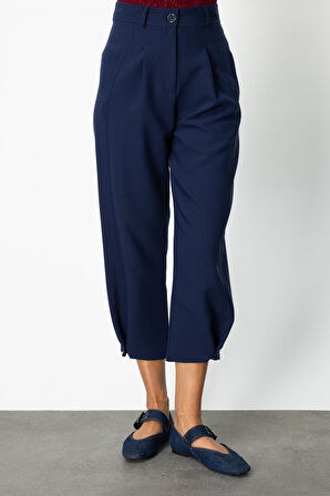 On Kadın Paçası Düğmeli Fleto Cepli Pantolon 64137 Lacivert