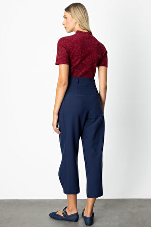 On Kadın Paçası Düğmeli Fleto Cepli Pantolon 64137 Lacivert