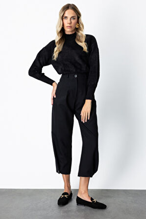 On Kadın Paçası Düğmeli Fleto Cepli Pantolon 64137 Siyah