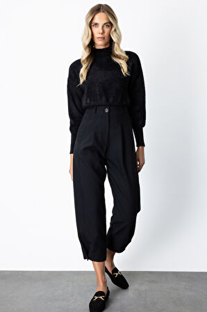 On Kadın Paçası Düğmeli Fleto Cepli Pantolon 64137 Siyah