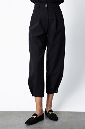 On Kadın Paçası Düğmeli Fleto Cepli Pantolon 64137 Siyah