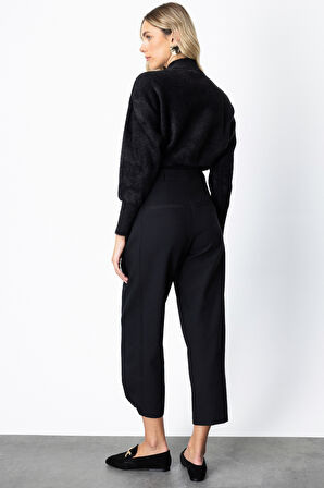 On Kadın Paçası Düğmeli Fleto Cepli Pantolon 64137 Siyah