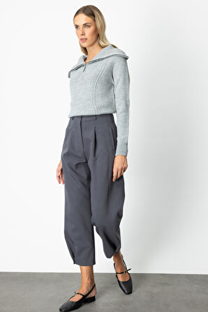 On Kadın Paçası Düğmeli Fleto Cepli Pantolon 64137 Antrasit