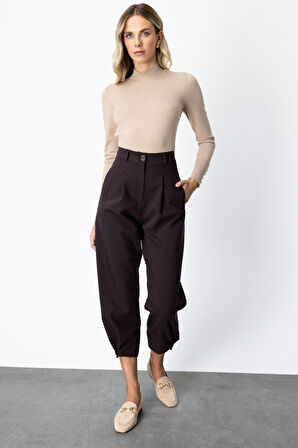 On Kadın Paçası Düğmeli Fleto Cepli Pantolon 64137 Kahverengi