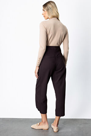 On Kadın Paçası Düğmeli Fleto Cepli Pantolon 64137 Kahverengi