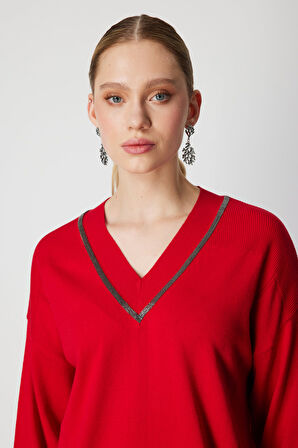 On Kadın V Yaka Taşlı Triko Kazak 65311 Kırmızı