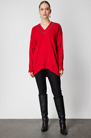 On Kadın V Yaka Taşlı Triko Kazak 65311 Kırmızı