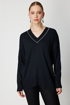 On Kadın V Yaka Taşlı Triko Kazak 65311 Siyah