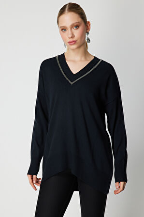 On Kadın V Yaka Taşlı Triko Kazak 65311 Siyah