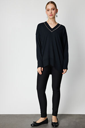 On Kadın V Yaka Taşlı Triko Kazak 65311 Siyah