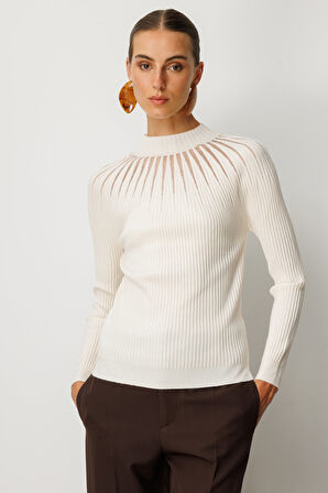 On Kadın Dik Yaka Tül Detaylı Triko Kazak 60384 Ekru