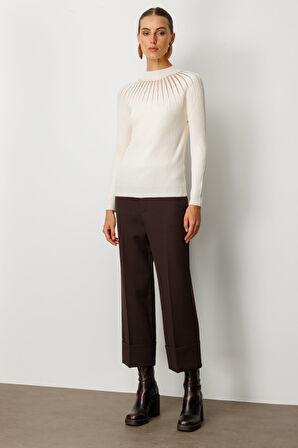 On Kadın Dik Yaka Tül Detaylı Triko Kazak 60384 Ekru