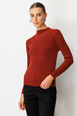 On Kadın Dik Yaka Tül Detaylı Triko Kazak 60384 Bordo