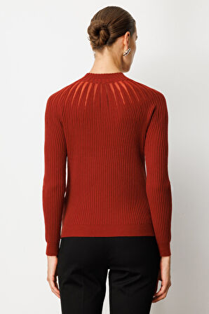 On Kadın Dik Yaka Tül Detaylı Triko Kazak 60384 Bordo