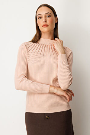 On Kadın Dik Yaka Tül Detaylı Triko Kazak 60384 Pembe