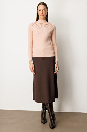 On Kadın Dik Yaka Tül Detaylı Triko Kazak 60384 Pembe