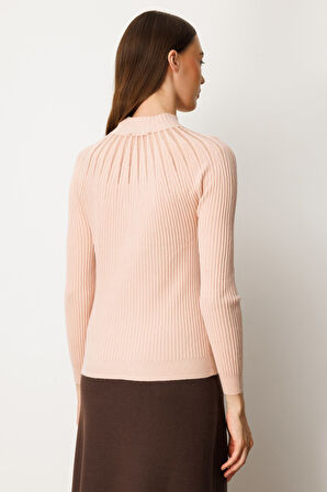 On Kadın Dik Yaka Tül Detaylı Triko Kazak 60384 Pembe