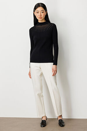 On Kadın Dik Yaka Tül Detaylı Triko Kazak 60384 Siyah