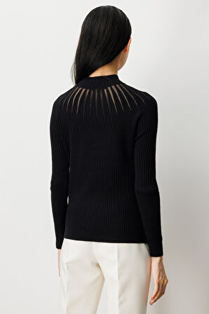 On Kadın Dik Yaka Tül Detaylı Triko Kazak 60384 Siyah