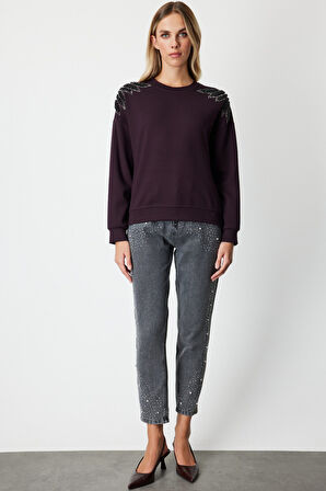 On Kadın Omuzları İncili Sweat 66338 Bordo