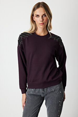 On Kadın Omuzları İncili Sweat 66338 Bordo