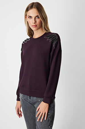 On Kadın Omuzları İncili Sweat 66338 Bordo