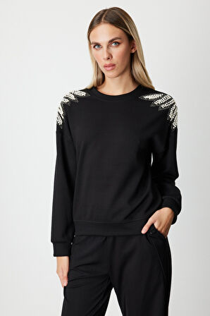 On Kadın Omuzları İncili Sweat 66338 Siyah