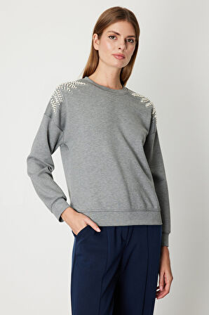 On Kadın Omuzları İncili Sweat 66338 Gri